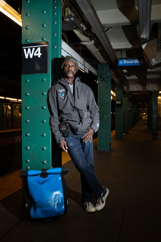 Kurt Boone at the West Fourth Street subway station in New York City with his bicycle messenger bag.