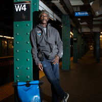 Kurt Boone at the West Fourth Street subway station in New York City with his bicycle messenger bag.